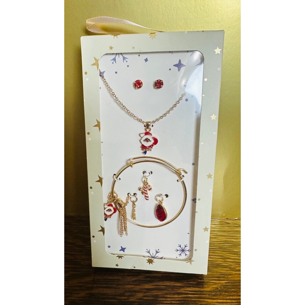 Holiday Festive Costume Jewelry Set NIB - Santa & Candy Cane Charms, Earrings